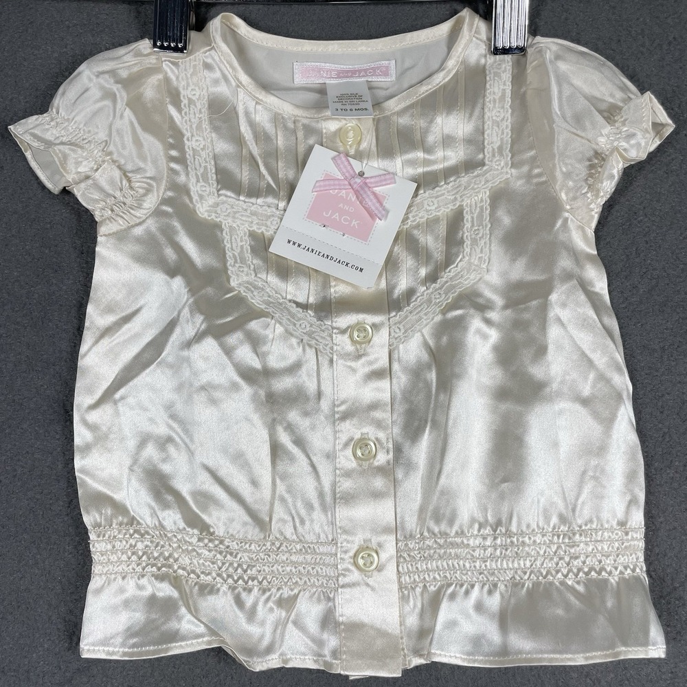 NWT‎ Janie and Jack 100% Silk Blouse 3–6M Baby Girl Cream Dressy Top Smocked